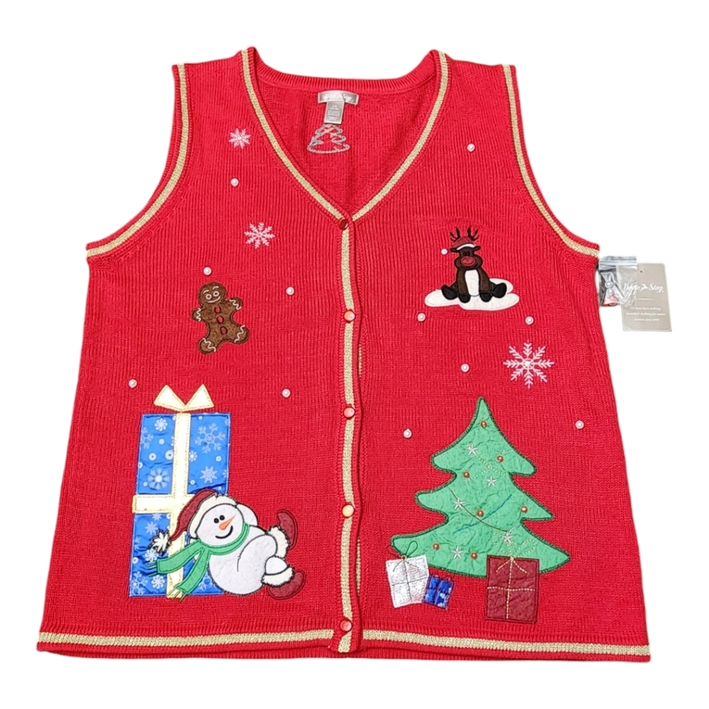 New Vtg White Stag Christmas Sweater Vest Womens Red Presents Reindeer Size L